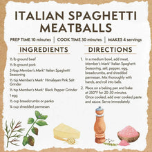 Italian spaghetti meatballs recipe card with ingredients and directions
