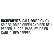 Ingredients panel listing salt, dried onion, spices, bell pepper, parsley, garlic