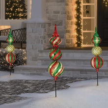 Pre-lit ornament stake lights set of 3 with red, green, and gold striped baubles on stakes