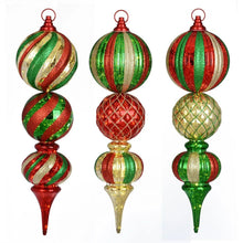 Pre-lit ornament stake lights set of 3 close-up of red, green, and gold striped bauble ornaments