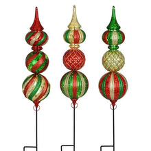 Pre-lit ornament stake lights set of 3 with red, gold, and green striped baubles, front view