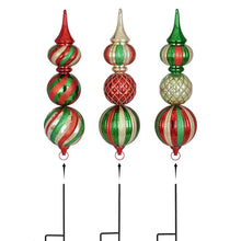 Pre-lit ornament stake lights set of 3, red, gold, and green striped baubles on black stakes