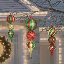 Pre-lit ornament stake lights set of 3 with red, green, and gold striped bauble ornaments