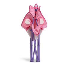 Pink unicorn kids folding chair with mesh side pockets and pink fabric carry strap