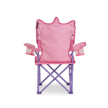 Pink unicorn kids folding chair back view with purple frame and mesh cup holder