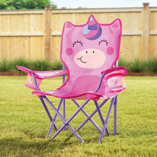 Pink unicorn kids folding chair with mesh side holder and purple cross-braced legs