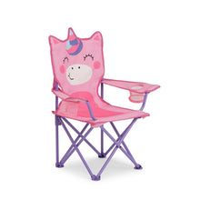 Pink unicorn-pattern kids folding chair with mesh tray and purple cross-braced legs
