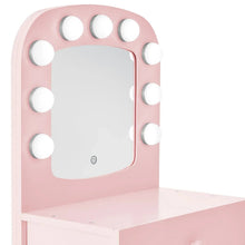 Pink kids vanity mirror panel with round bulb accents and flat vanity shelf