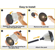 Solar path light being assembled, black stake with clear lens and solar top