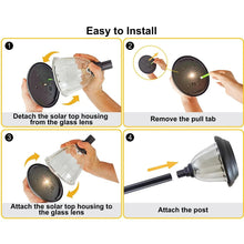 LED solar path light installation steps showing glass lens and mounting process