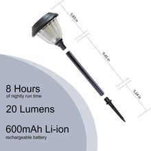 Solar path light close-up showing black stake, clear dome, and lens housing