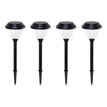 Set of four solar path lights, black stakes with clear glass domes and round tops