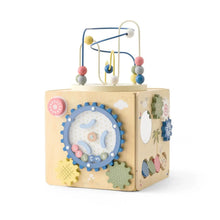 Wooden activity cube with bead maze on top and colorful textured side wheels