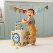 Large wooden activity cube with bead maze and colorful gear panels