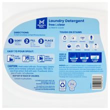 Laundry detergent label panel, blue instructions and icons on white bottle back.