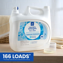 Laundry detergent jug with blue front label, 166 loads marking, white bottle.