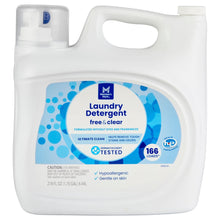 Laundry detergent jug, white bottle with blue label and 166 loads badge.