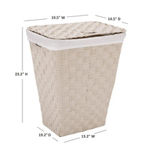 Laundry hamper with woven fabric sides and flat lid with white top edge