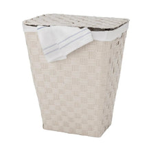 Laundry hamper with woven sides and liner draped over the top rim