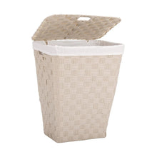 Laundry hamper with open lid showing inner liner, woven basket and white trim