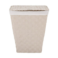 Laundry hamper with woven fabric basket and flat lid, white top trim