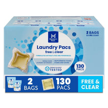 Laundry Pacs free & clear detergent box with 130 packs and two bags graphic.