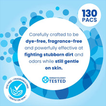 Laundry pacs label with blue water dots and '130 packs' badge.