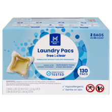 Laundry Pacs free & clear detergent box with 130 packs and yellow pod.