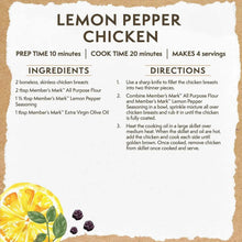 Lemon pepper chicken recipe card with ingredients and directions