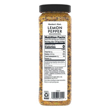 Lemon pepper seasoning bottle with back label, nutrition, and barcode