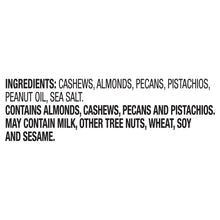 Jar label listing ingredients: cashews, almonds, pecans, pistachios, peanut oil, sea salt