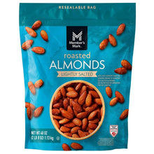 Resealable roasted almonds bag, lightly salted, with almond image on front.