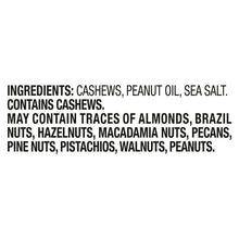 Ingredients text for cashews, peanut oil, and sea salt on cashew package