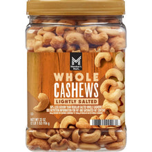 Whole cashews jar with lightly salted cashews shown through clear glass