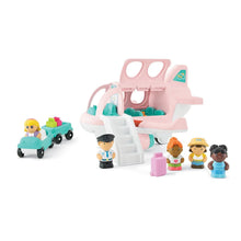 Toy pink plane playset with teal car, stairs, and multiple character figures