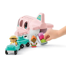 Toy pink plane playset with teal car and small character figures