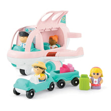 Toy pink plane and teal car playset with seated character figures