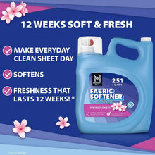 Blue fabric softener jug with load count and spring flowers scent