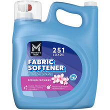 Liquid fabric softener bottle, blue jug with spring flowers scent label