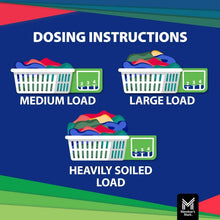 Laundry detergent dosing instructions with load-size icons for medium, large, and heavy