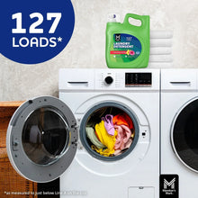 Laundry detergent jug with 127 loads shown beside a front-load washer