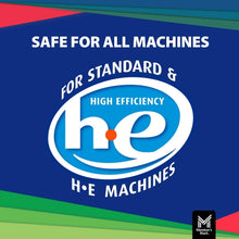 Laundry detergent graphic for HE machines with “h.e” logo and text