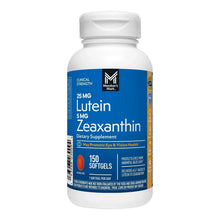 Lutein and Zeaxanthin dietary supplement bottle, 150 softgels, 25 mg and 5 mg