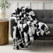 Faux fur throw blanket with black-and-white cow print pattern.
