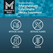 Magnesium glycinate dietary supplement label: no artificial colors, flavors, lactose, gluten