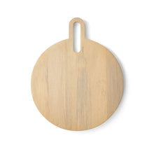 Round mango wood charcuterie board with tall hanging slot handle