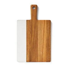 Acacia wood and white marble charcuterie board with hanging handle hole, rectangular