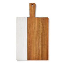 Acacia wood and white marble charcuterie board with hanging handle hole