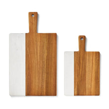 Acacia and marble charcuterie board set, two serving boards with cutout handle loops