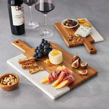 Acacia wood charcuterie boards with white marble inlays, set of 2, with handle holes